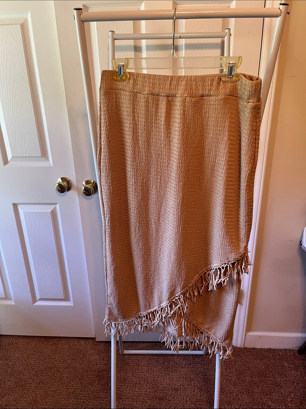 SHEIN Asymmetrical Fringe Midi Skirt in Camel Tan